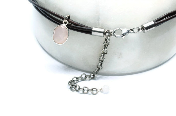 Antique Brown Leather + Rose Quartz Necklace - Woven Stone Co.