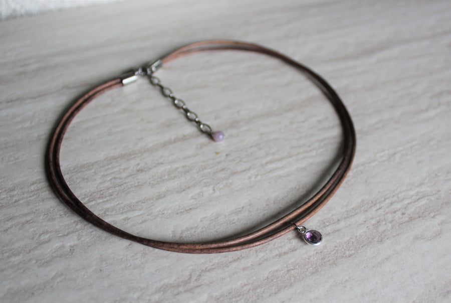 Delicate Grey Leather + Amethyst Necklace