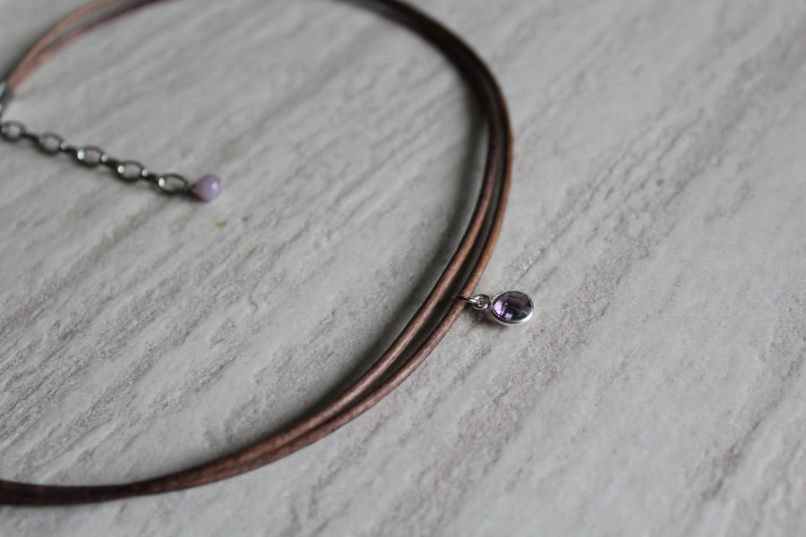 Delicate Grey Leather + Amethyst Necklace
