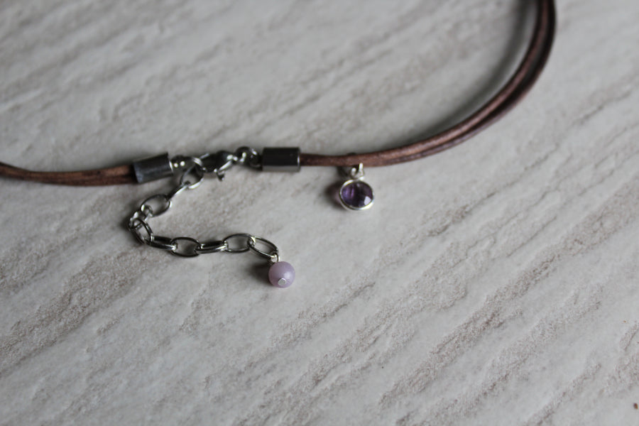 Delicate Grey Leather + Amethyst Necklace