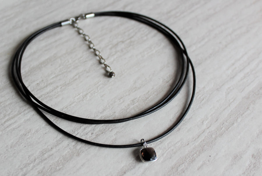 Black Leather + Smokey Quartz Necklace - Woven Stone Co.