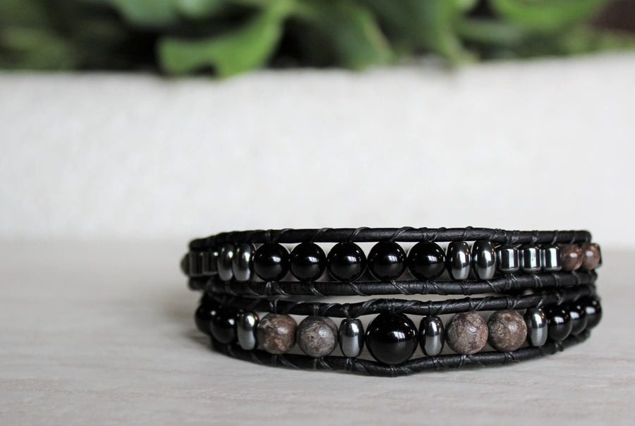 Black Onyx Collection - Double Wrap Bracelet - Woven Stone Co.