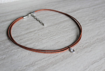 Delicate Tan Leather + Clear Quartz Necklace