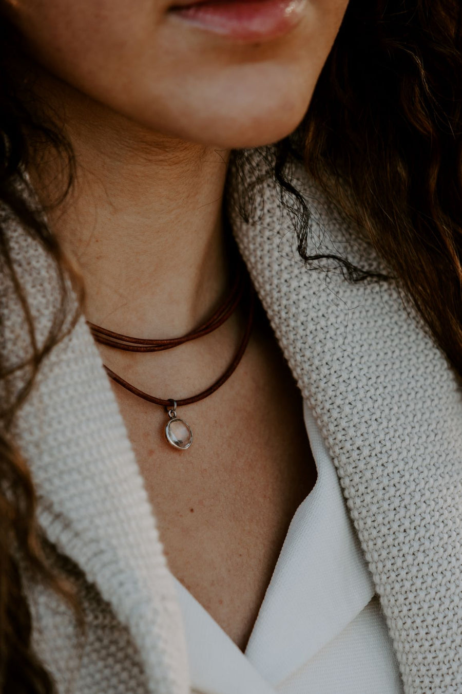 Tan Leather +  Clear Quartz Necklace