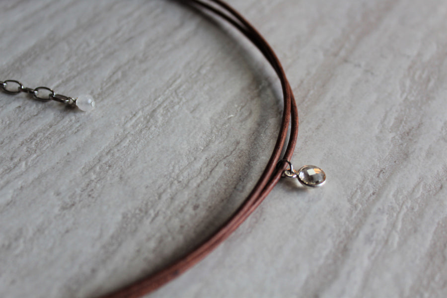 Delicate Tan Leather + Clear Quartz Necklace