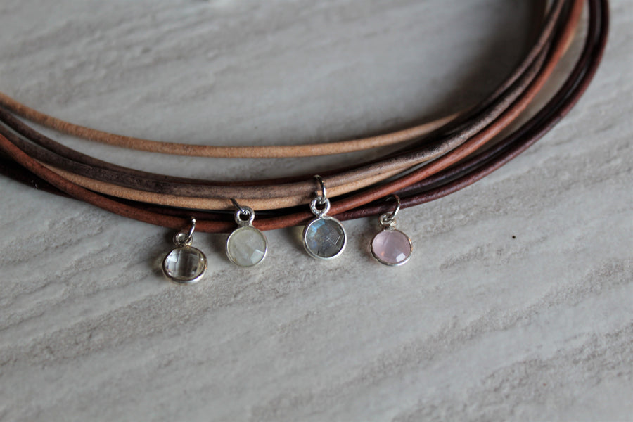 Delicate Antique Brown Leather + Rose Quartz Necklace