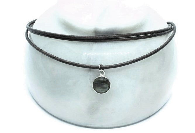 Grey Leather +  Labradorite Necklace - Woven Stone Co.