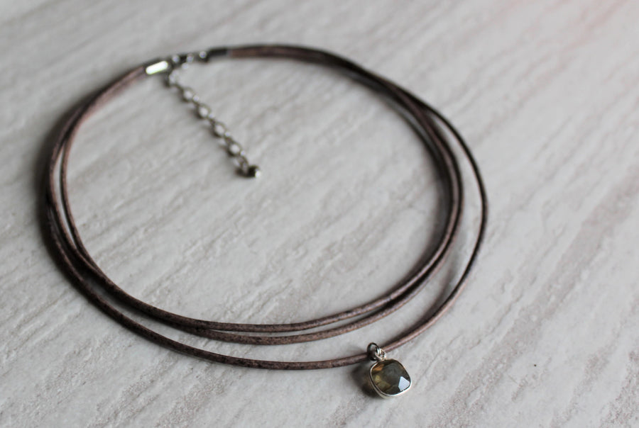 Grey Leather +  Labradorite Necklace - Woven Stone Co.