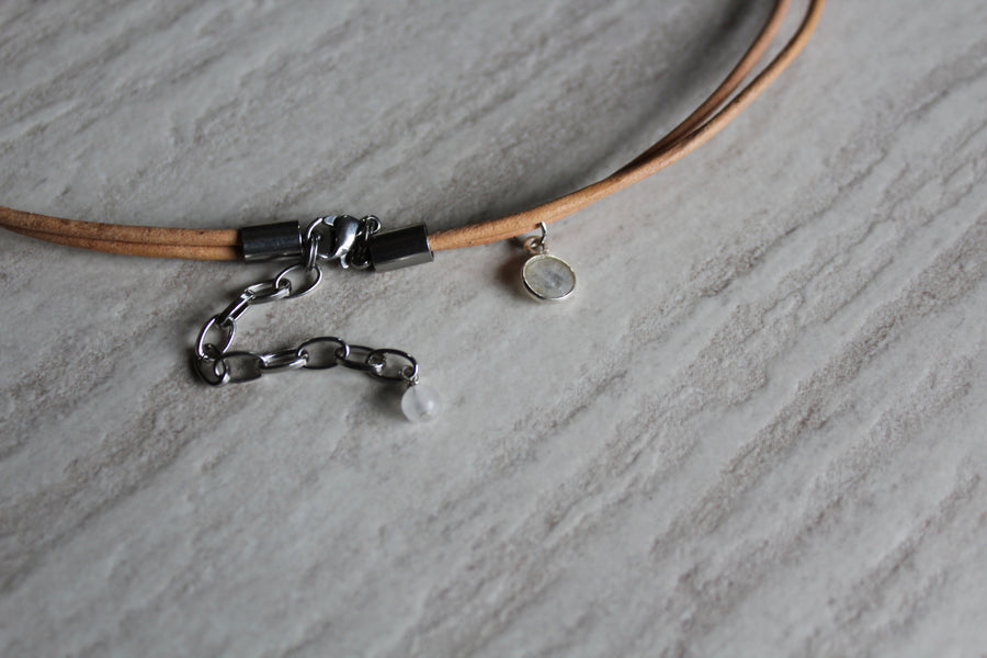 Delicate Beige Leather + Moonstone Necklace