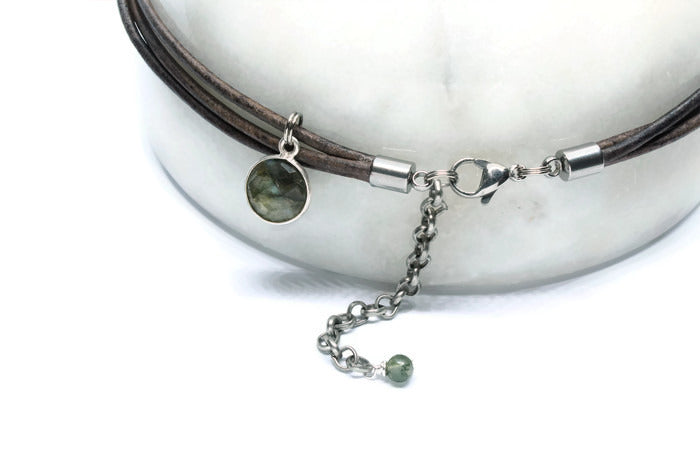 Grey Leather +  Labradorite Necklace - Woven Stone Co.