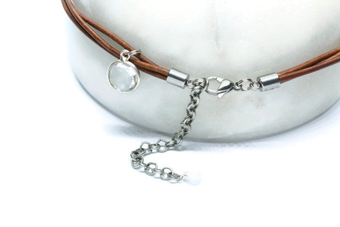 Tan Leather +  Clear Quartz Necklace - Woven Stone Co.