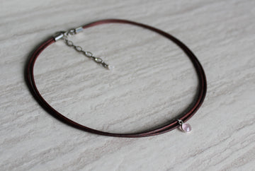 Delicate Antique Brown Leather + Rose Quartz Necklace