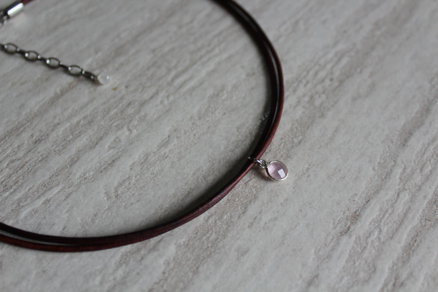 Delicate Antique Brown Leather + Rose Quartz Necklace