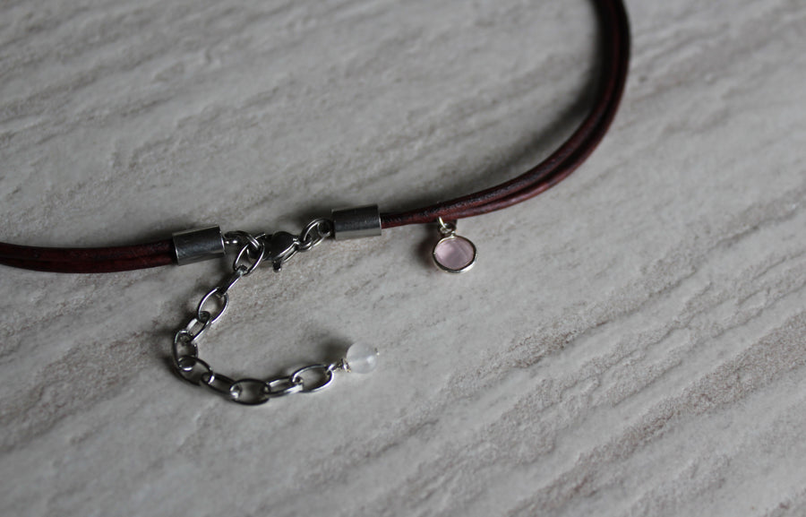 Delicate Antique Brown Leather + Rose Quartz Necklace