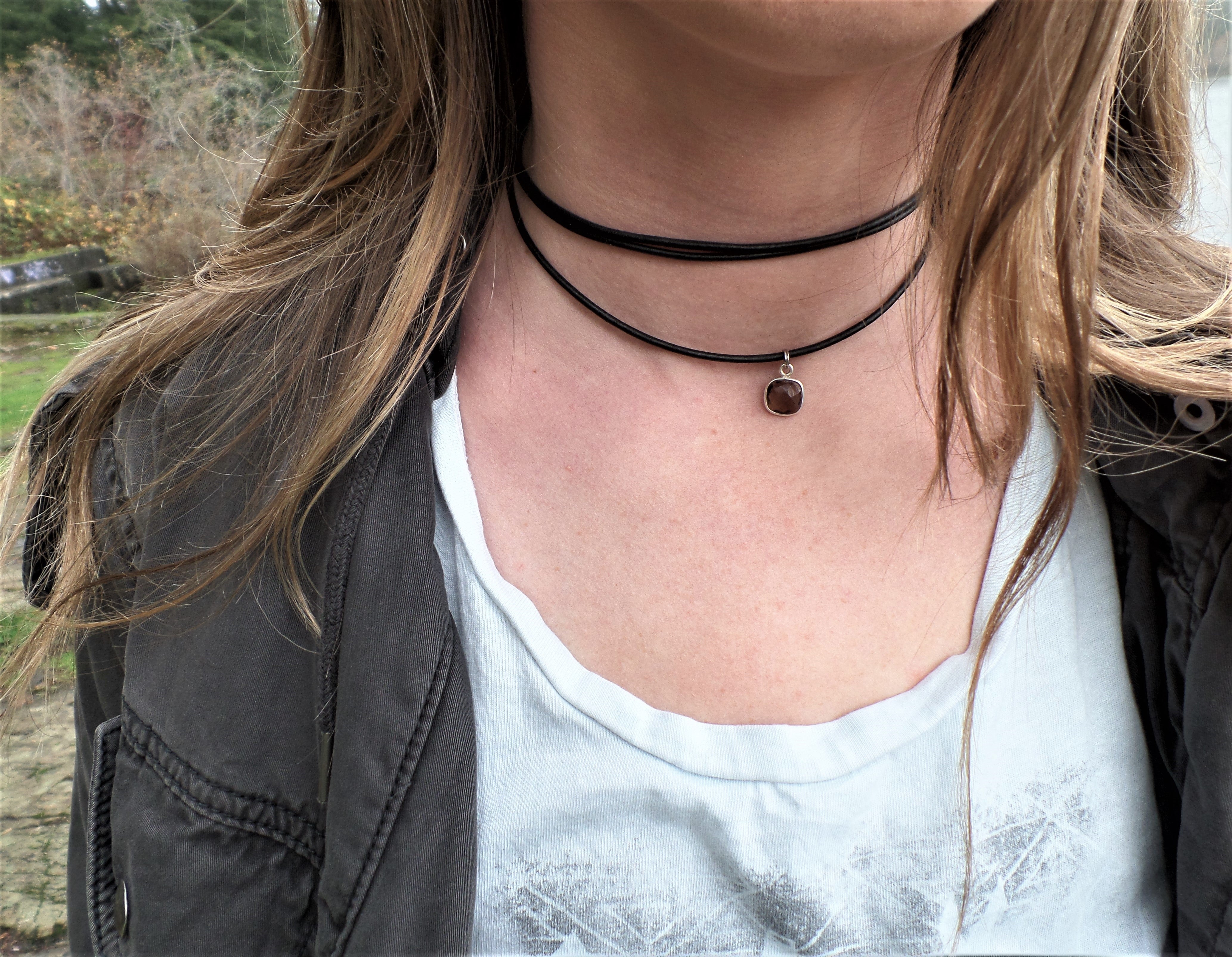 Black Leather + Smokey Quartz Necklace Woven Stone Co.