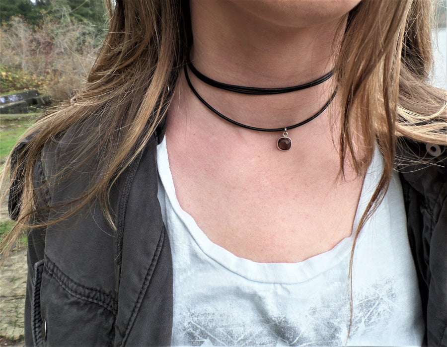 Black Leather + Smokey Quartz Necklace - Woven Stone Co.