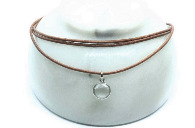 Tan Leather +  Clear Quartz Necklace - Woven Stone Co.