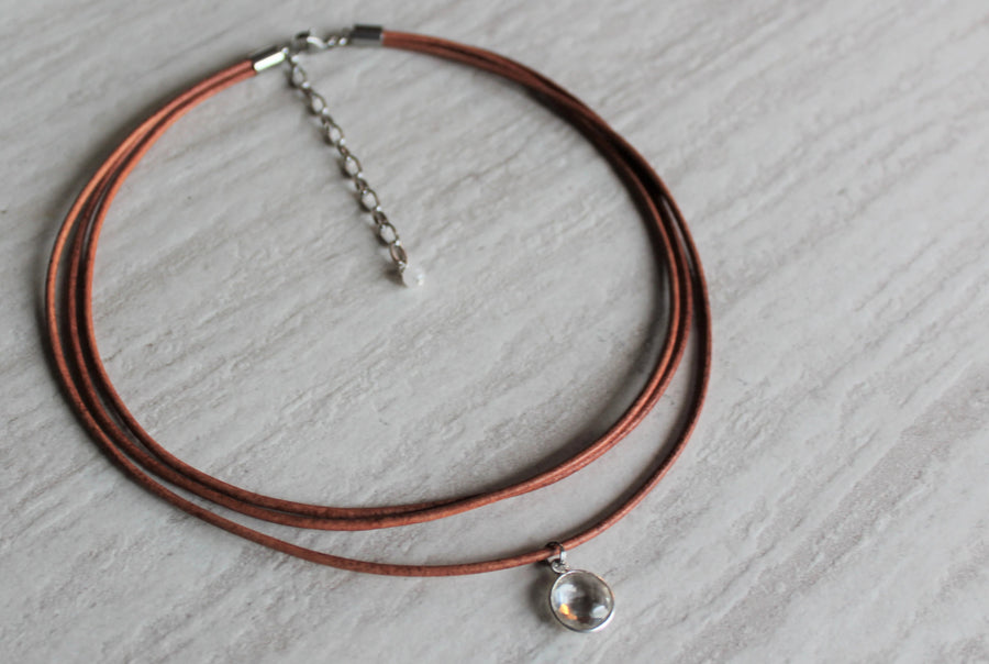 Tan Leather +  Clear Quartz Necklace - Woven Stone Co.