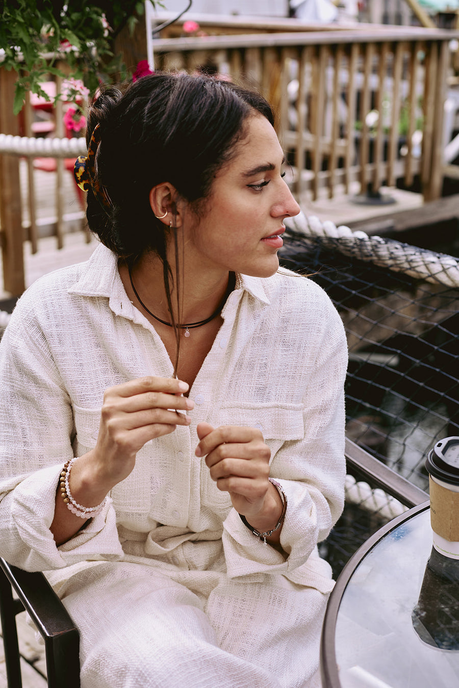 Delicate Antique Brown Leather + Rose Quartz Necklace